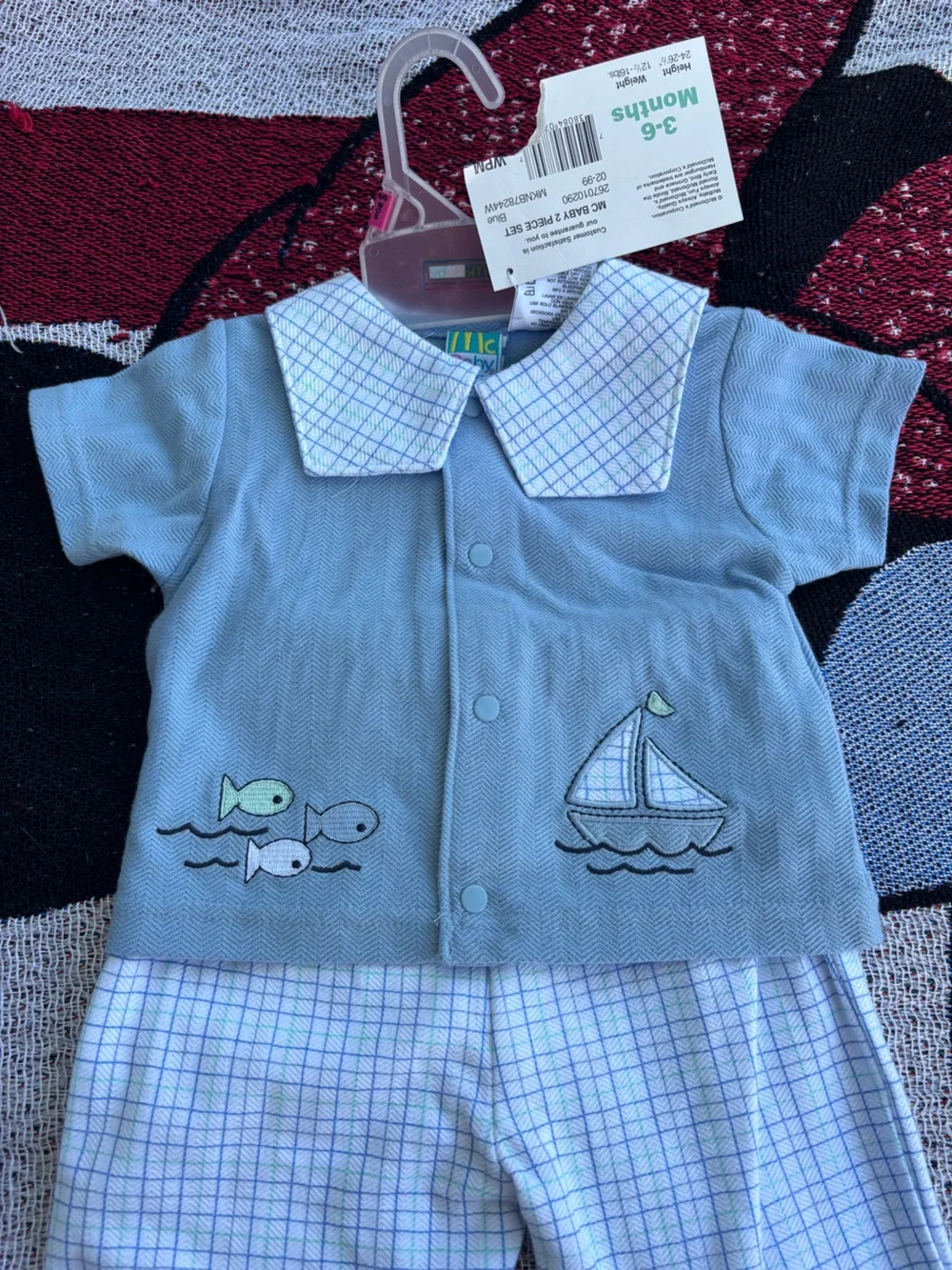 VINTAGE NWT MCBABY BLUE SAILBOAT FISH NAUTICAL TWO PIECE OUTFIT SIZE 3/6 MONTHS